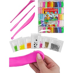 масса для лепки. лёгкий пластилин  60 цветов+3 стека+блёстки+глазки