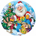 Алмазная мозаика круглая Дед Мороз и зверята (18см) 