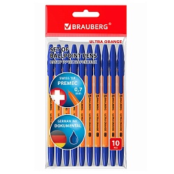 набор ручек шар. 10шт синий цвет чернил "brauberg" корпус оранжевый 