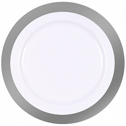 тарелки пластиковые 19см в наборе 12шт. круглые белые с серебристой полосой по кайме