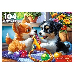 пазлы  104 элемента два весёлых щенка