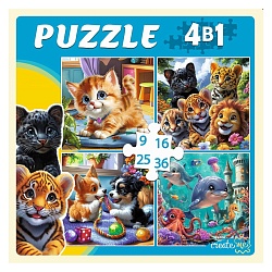пазлы  4 в 1 в удивительном мире животных (9,16,25,36 элементов)