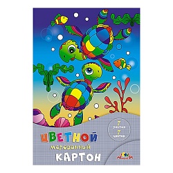 картон цветной мелованный а4  7л. 7цв."два черепашонка" в папке