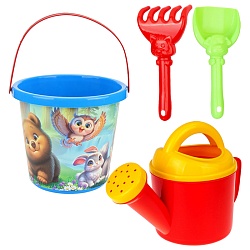 набор для песочницы №110 (ведро 0,85 лесная полянка+лейка+лопатка13см+грабли13см)