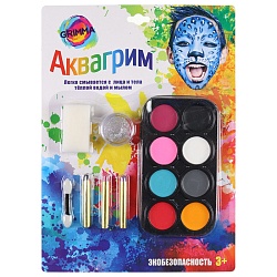 набор аквагрима для детей (8 цветов, карандаш-3шт, гель для тела и лица-1шт, спонж 1шт,аппликат-1шт)