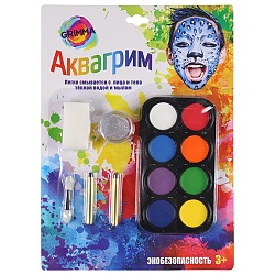 набор аквагрима для детей (8 цветов, карандаш-2шт, гель для тела и лица-1шт, спонж 1шт,аппликат-1шт)
