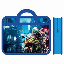 папка детская с ручками а4 пласт. с рисунком на молнии  неоновый байкер