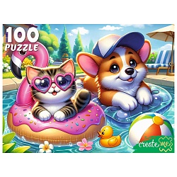 пазлы  100 элементов котёнок и щенок в бассейне