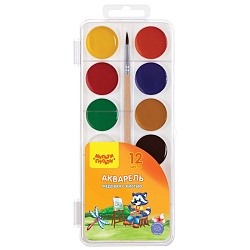 краски аквар. 12цв. "приключение енота""мульти-пульти" медовые с кисточкой