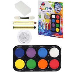 набор аквагрима для детей (8 цветов, карандаш-2шт, гель для тела и лица-1шт, спонж 1шт,аппликат-1шт)