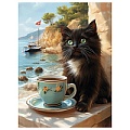 Холст с красками 30*40см по номерам "Чёрный котик с чашкой"