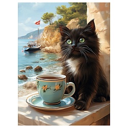 холст с красками 30*40см по номерам "чёрный котик с чашкой"