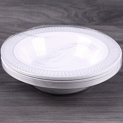 тарелки пластиковые 19*4 см в наборе 12шт. круглые глубокие белые с серебристым узором по кайме