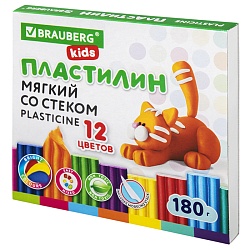 пластилин 12 цветов восковый мягкий "brauberg" со стеком 180г