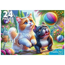пазлы-макси 24 элементов кот и щенок с мячом