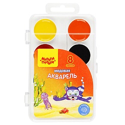 краски аквар.  8цв. мульти-пульти "енот в красном море" медовые без кисти