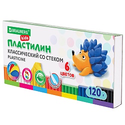 пластилин  6 цветов "brauberg" со стеком 120г