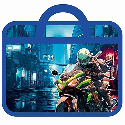 папка детская с ручками а4 пласт. с рисунком на молнии  неоновый байкер