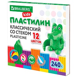 пластилин 12 цветов "brauberg" со стеком 240г