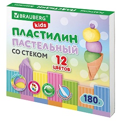 пластилин 12 цветов пастельные цвета"brauberg" со стеком 180г