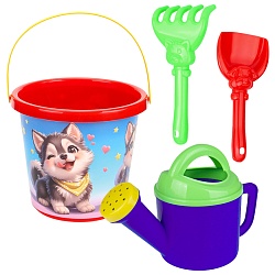 набор для песочницы №118 (ведро 0,85 весёлые щенки+лейка+лопатка13см+грабли13см)
