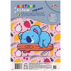 цветной и белый картон  а4  10л. 9 цв + 2 трафарета "малыш-соня" на гребне