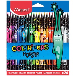 карандаши 24цв maped "color'peps black monster" пласт. трехгранные, заточеные